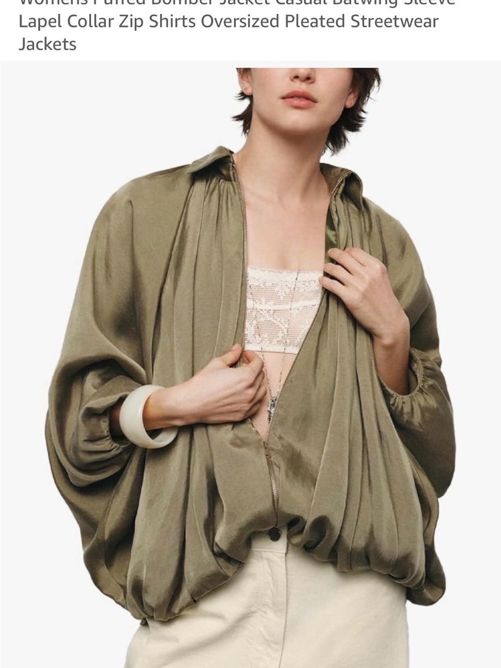 NWT Olive Green Pleated Balloon Jacket - Picture 3 of 5